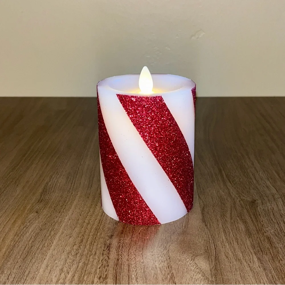 Luminara Candy Cane Wide Red White Glitter Stripe Flameless LED Pillar Candle - Picture 3 of 11